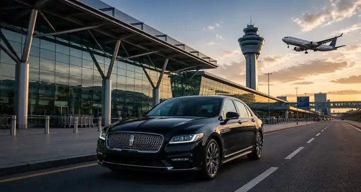 Private airport transfer vehicle outside a modern airport terminal