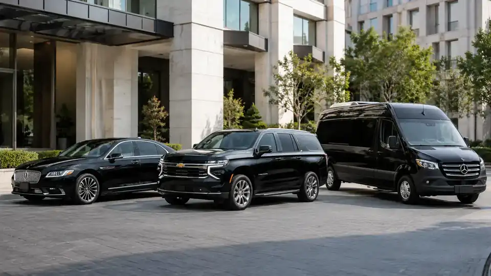 Executive sedan, luxury SUV and Mercedes Sprinter representing common private ground transportation choices