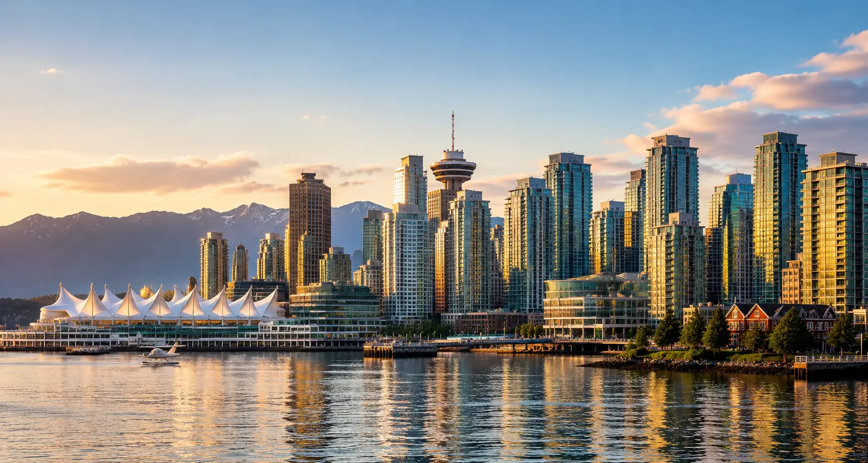 Vancouver waterfront skyline with Canada Place and mountains